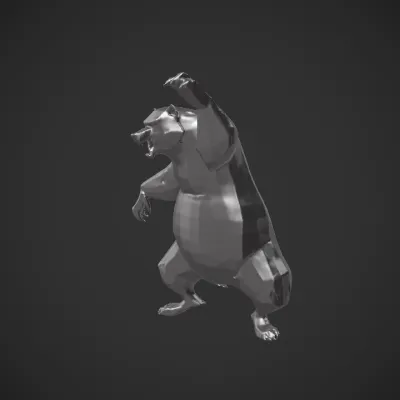 roaring cartoon bear raising paw. sharp edges, simple geometry, game-ready, character.