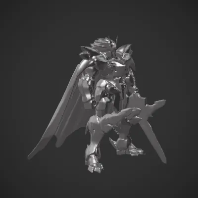 Armored humanoid robot with sword and cape. sharp edges, complex geometry, game-ready, character, symmetric geometry.