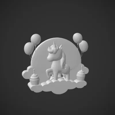Cartoon unicorn with rainbow and balloons. smooth edges, complex geometry, game-ready, character.