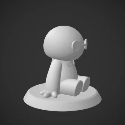 Cute robot figurine sitting on base. smooth edges, simple geometry, game-ready, character, symmetric geometry.