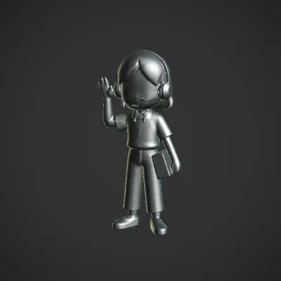 Cartoon kid waving hand and holding book. smooth edges, simple geometry, game-ready, character.