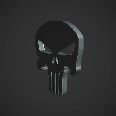 Punisher skull logo with elongated teeth. sharp edges, simple geometry, game-ready, symmetric geometry.