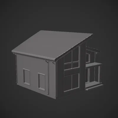 Modern two-story house with slanted roof. sharp edges, complex geometry, game-ready.