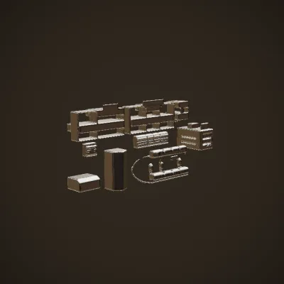 Automated industrial production line diagram. sharp edges, complex geometry.