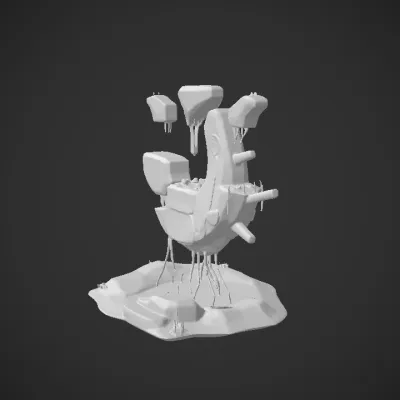 Floating mystical rock formation with glowing runes. sharp edges, complex geometry, game-ready.