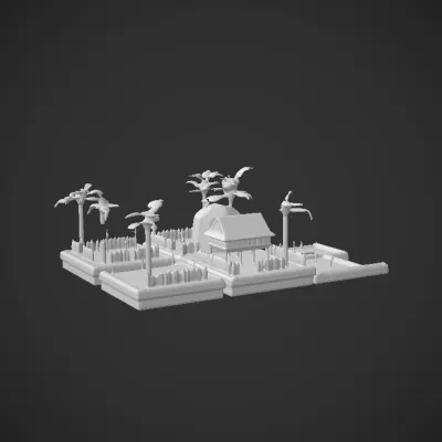 Small tropical farm diorama with crops and house. sharp edges, complex geometry, game-ready.