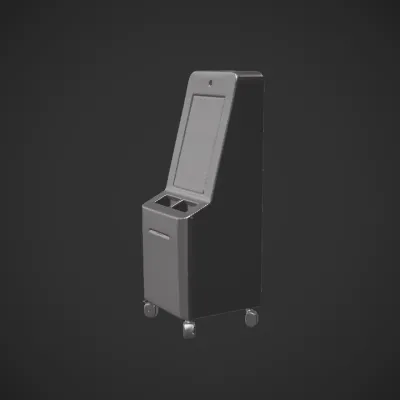 Self-service medical kiosk on wheels. sharp edges, simple geometry, symmetric geometry.