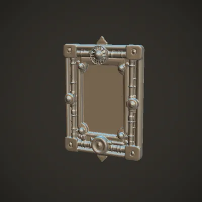 steampunk mechanical picture frame. sharp edges, complex geometry, symmetric geometry.