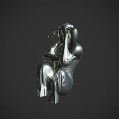 shirtless person sitting with knife in hand. smooth edges, complex geometry, character.