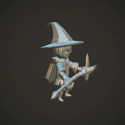 wizard character holding wand and book. simple geometry, sharp edges, character.