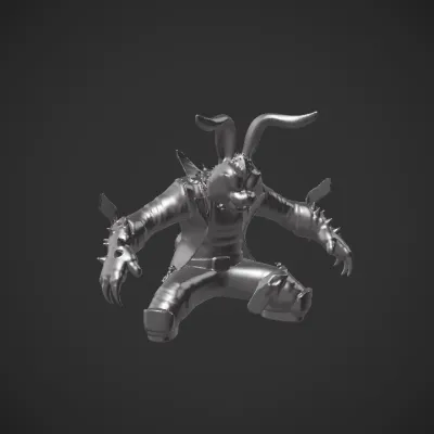 Anthropomorphic cyberpunk rabbit warrior character. complex geometry, sharp edges, game-ready, character.