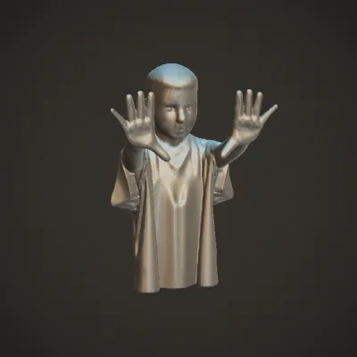 Person raising hands toward camera. complex geometry, character.