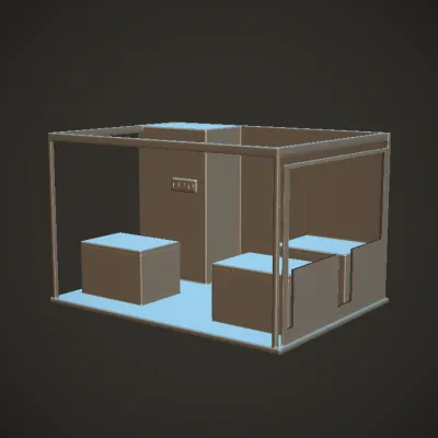 Exhibition booth with counters and backdrop. sharp edges, simple geometry, game-ready, symmetric geometry.