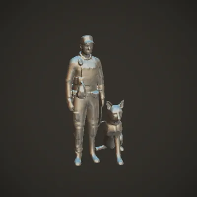 Police officer with service dog. complex geometry, sharp edges, character.