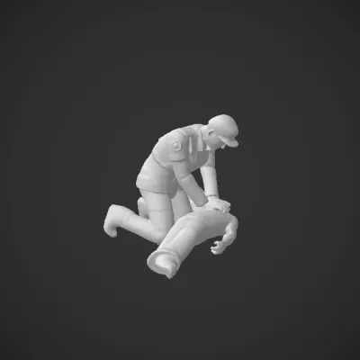 Paramedic assisting fallen person. complex geometry, smooth edges, character.