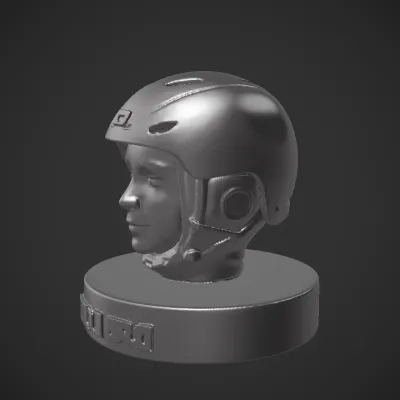 Miniature bust of a helmeted person. simple geometry, character.