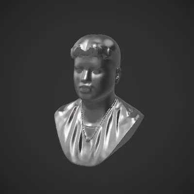 Young male wearing black t-shirt and necklace. smooth edges, complex geometry, character, symmetric geometry.