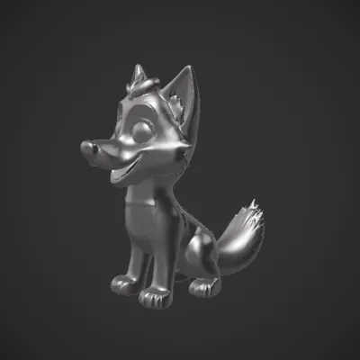 Cartoon wolf sitting and smiling. smooth edges, complex geometry, game-ready, character.