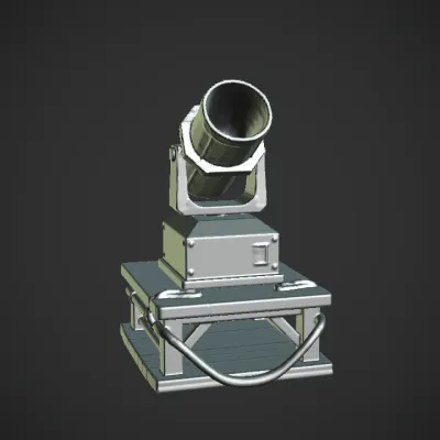 Rusty metal mortar on wooden platform. sharp edges, complex geometry, game-ready, symmetric geometry.