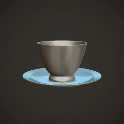 A porcelain teacup and saucer with floral patterns. smooth edges, simple geometry, symmetric geometry.