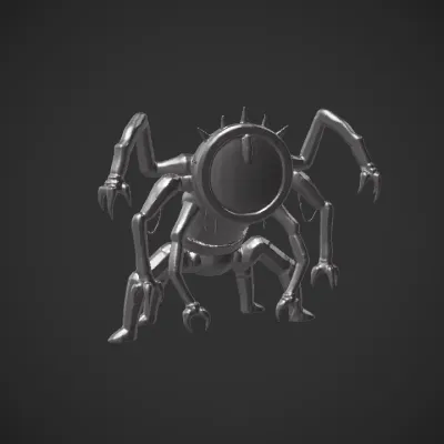 Steampunk spider robot with glowing eyes. sharp edges, complex geometry, game-ready, character, symmetric geometry.