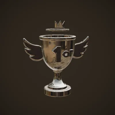 Golden trophy cup with wings and crown. smooth edges, simple geometry, symmetric geometry.
