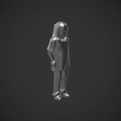 Child standing indoors wearing red shirt. smooth edges, complex geometry, character, symmetric geometry.