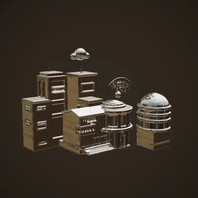 cartoon-style city buildings and cars. simple geometry, smooth edges, game-ready.