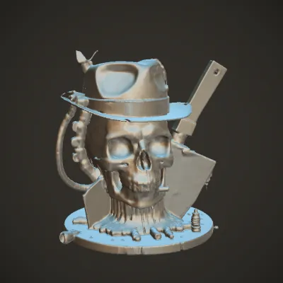 Bloody skull with hat and mechanical parts. sharp edges, complex geometry, game-ready.
