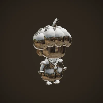 Cartoon person with pumpkin hat and leaf skirt. simple geometry, game-ready, character.