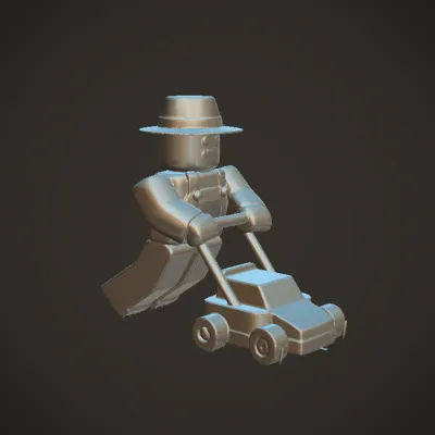 Roblox-style farmer mowing lawn. simple geometry, smooth edges, game-ready, character.