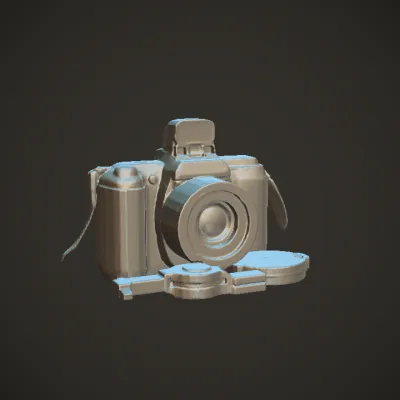 Digital Nikon camera with accessories. complex geometry, sharp edges.