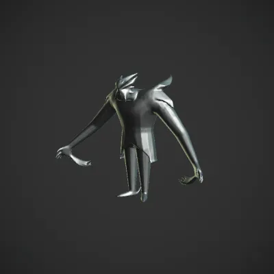 Tall, menacing dark humanoid creature. sharp edges, complex geometry, character, symmetric geometry.