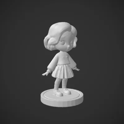 Girl figurine with purple hair in pink outfit. smooth edges, complex geometry, character.