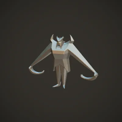 Tall menacing humanoid with red face and black suit. sharp edges, simple geometry, character, symmetric geometry.