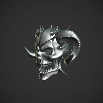 Demonic skull with glowing eyes and horns. sharp edges, complex geometry, game-ready, character, symmetric geometry.