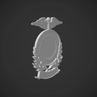 golden emblem with wings and laurel wreath. sharp edges, smooth edges, complex geometry, symmetric geometry.