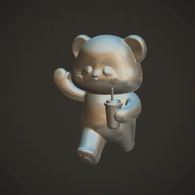Cartoon panda holding a drink. smooth edges, simple geometry, game-ready, character.