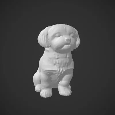 Realistic small white dog sculpture. simple geometry, character.