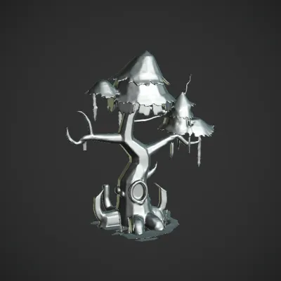 fantasy tree with glowing eyes and door. complex geometry, smooth edges, game-ready.