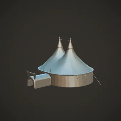 Colorful circus tent with two peaks. sharp edges, complex geometry, game-ready.