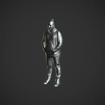 Standing adult wearing hoodie and boots. smooth edges, complex geometry, character.