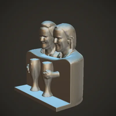 Two adults holding beer glasses in a pub. complex geometry, smooth edges, character.