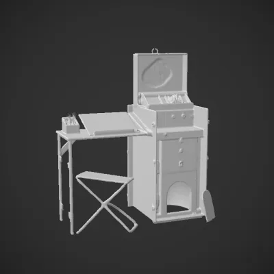 Portable art workstation with supplies and desk. sharp edges, complex geometry.