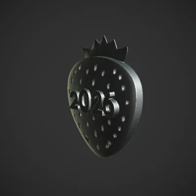 Strawberry with year 2026 text. simple geometry, sharp edges, symmetric geometry.