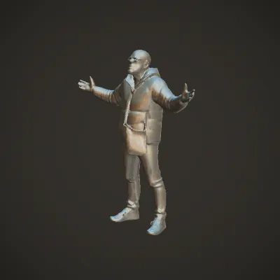 Person standing with arms outstretched. complex geometry, character.