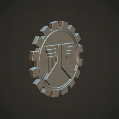 Gear emblem with abstract pillars and shapes. sharp edges, simple geometry, symmetric geometry.