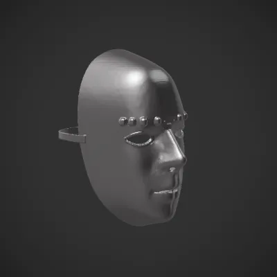 white mask with black stick handle. smooth edges, simple geometry, symmetric geometry.