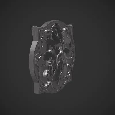 decorative round metal oak leaf plaque. complex geometry, sharp edges, symmetric geometry.