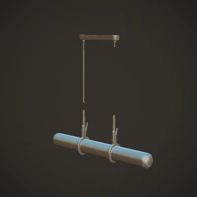 metal tube suspended with leather straps. smooth edges, simple geometry, symmetric geometry.